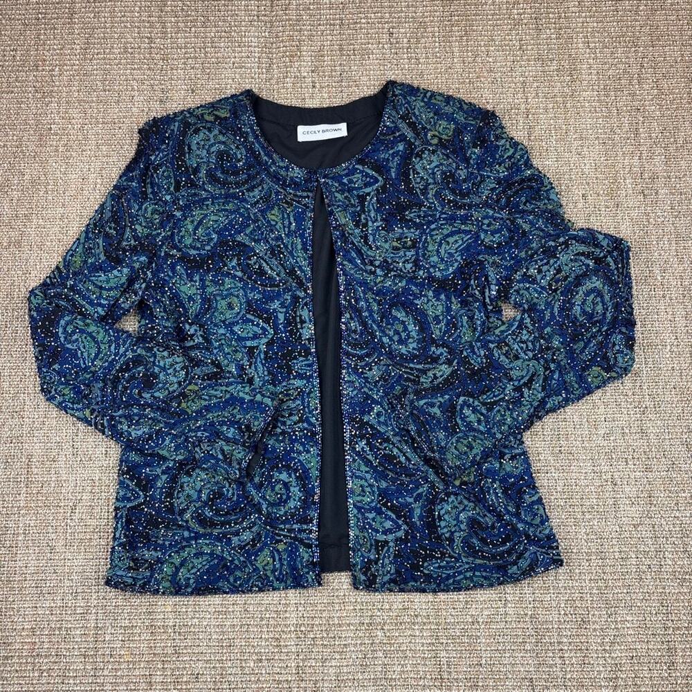 ✨ Cecily Brown Beaded Evening Jacket | M/L | Blue Teal Paisley